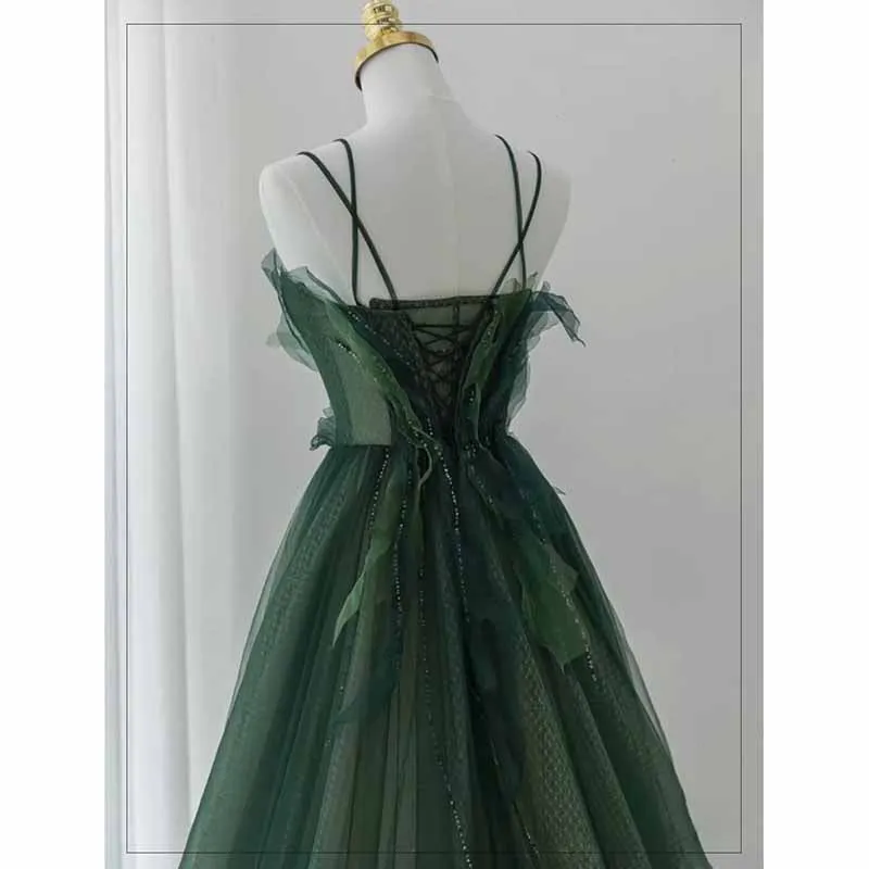 Spaghetti Straps Dark Green Gown With Leaf Details Long Evening Prom Dress