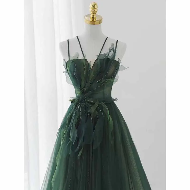 Spaghetti Straps Dark Green Gown With Leaf Details Long Evening Prom Dress