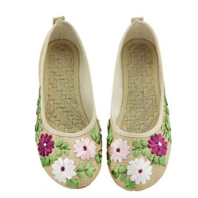 Vintage Embroidered Women Flats Flower Slip On Cotton Fabric Linen Comfortable Old Peking Ballerina Flat Shoes Sapato Feminino