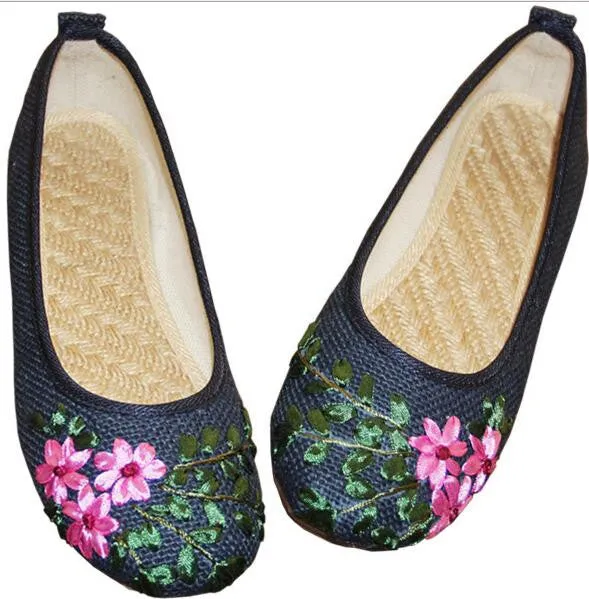 Vintage Embroidered Women Flats Flower Slip On Cotton Fabric Linen Comfortable Old Peking Ballerina Flat Shoes Sapato Feminino