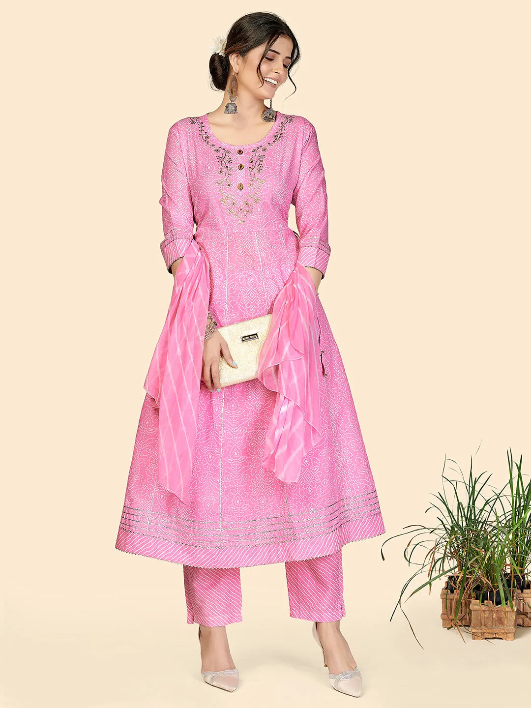 Women'S Bandhani & Embroidered Anarkali Cotton Baby Pink Stitched Kurta Pant With Dupatta