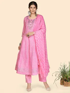 Women'S Bandhani & Embroidered Anarkali Cotton Baby Pink Stitched Kurta Pant With Dupatta