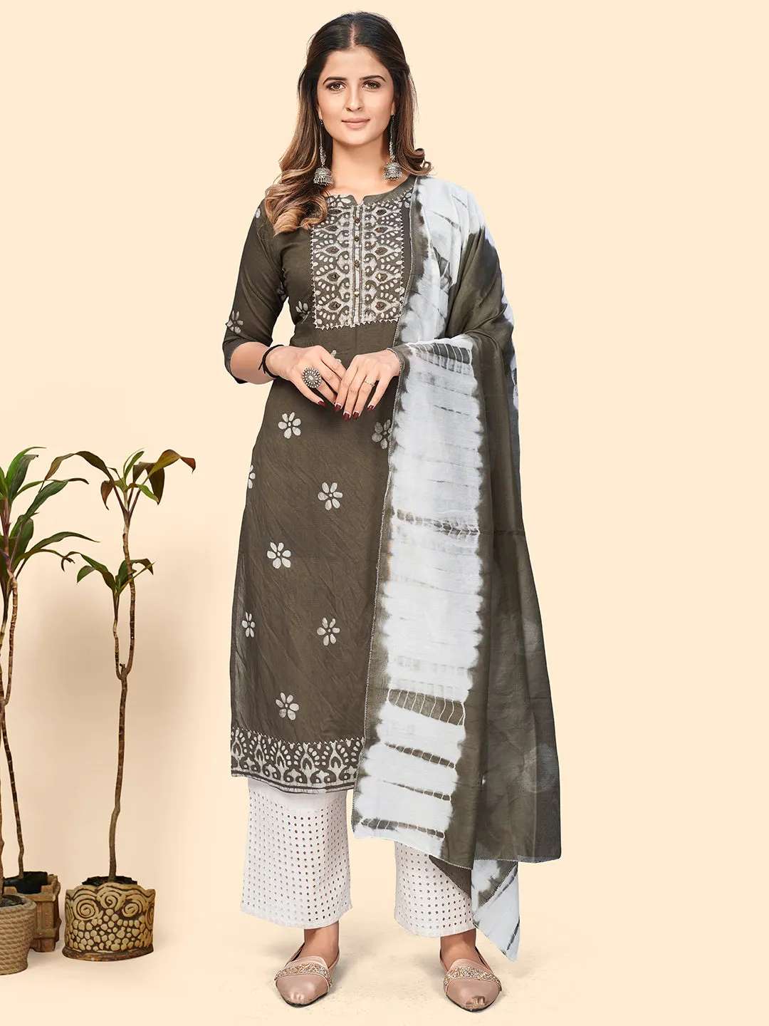 Women'S Batik Print & Mirror Straight Chanderi Grey Stitched Kurta With Dupatta