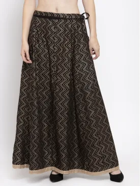 Women'S Black Zigzag Printed Flared Maxi Skirt