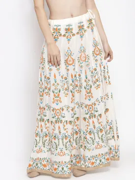 Women'S Cream Printed Flared Rayon Maxi Skirt