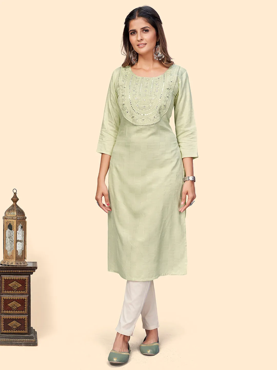 Women'S Embroidered & Mirror Straight Fancy Rayon Pista Stitched Kurta