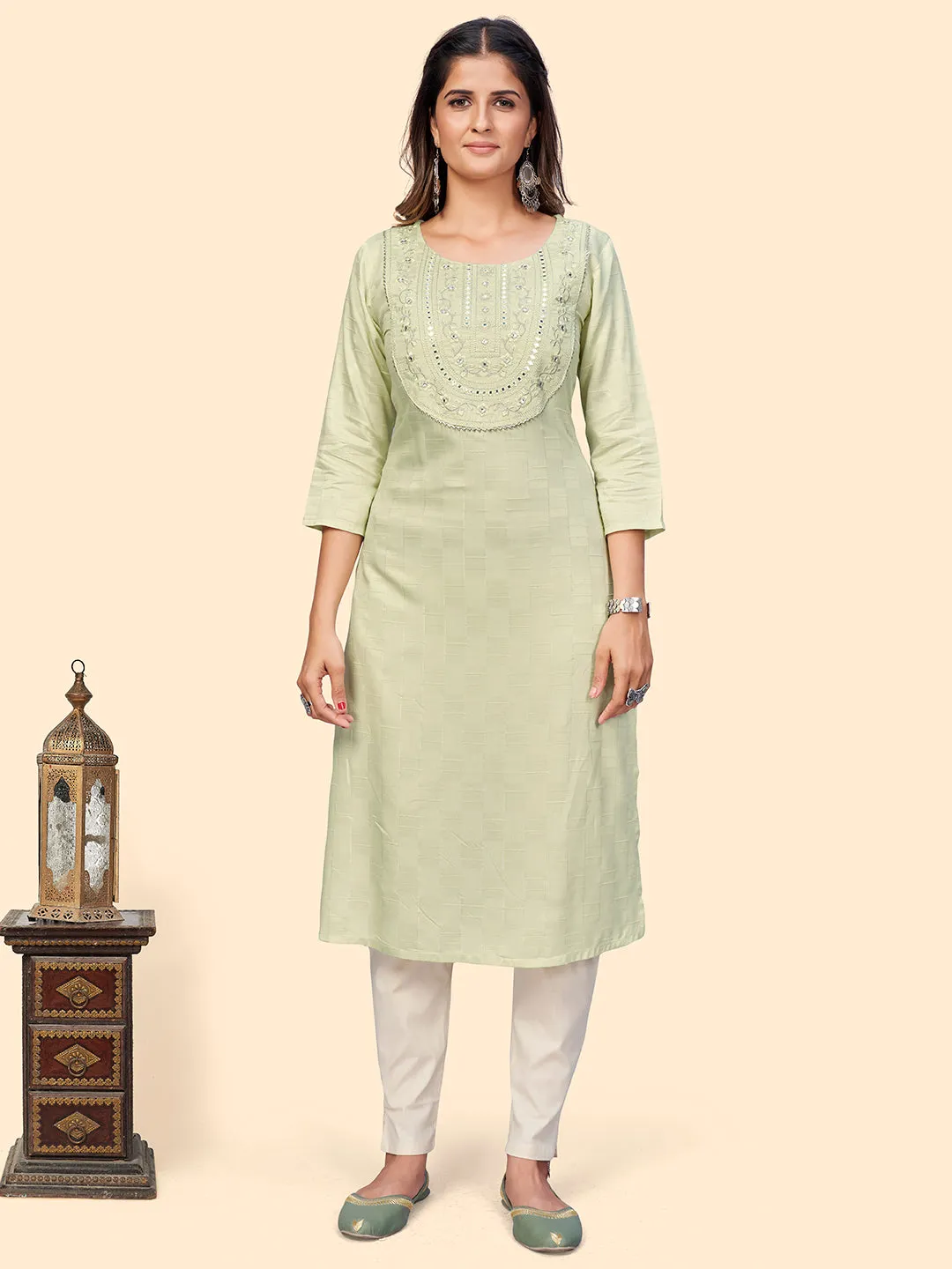 Women'S Embroidered & Mirror Straight Fancy Rayon Pista Stitched Kurta