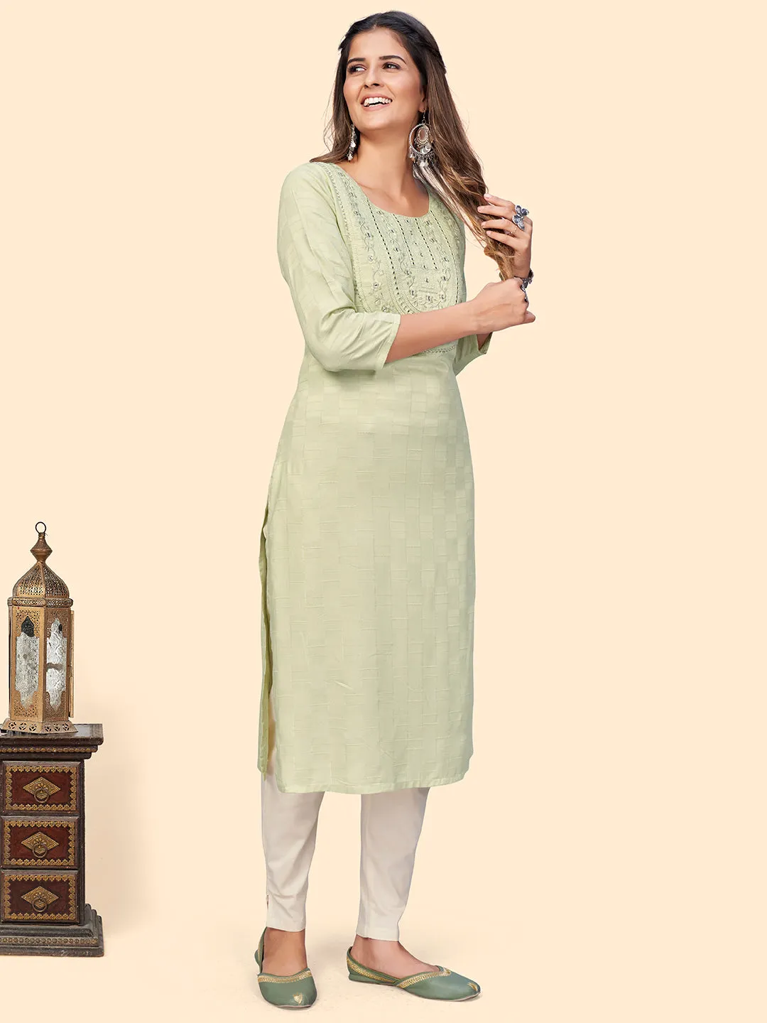 Women'S Embroidered & Mirror Straight Fancy Rayon Pista Stitched Kurta