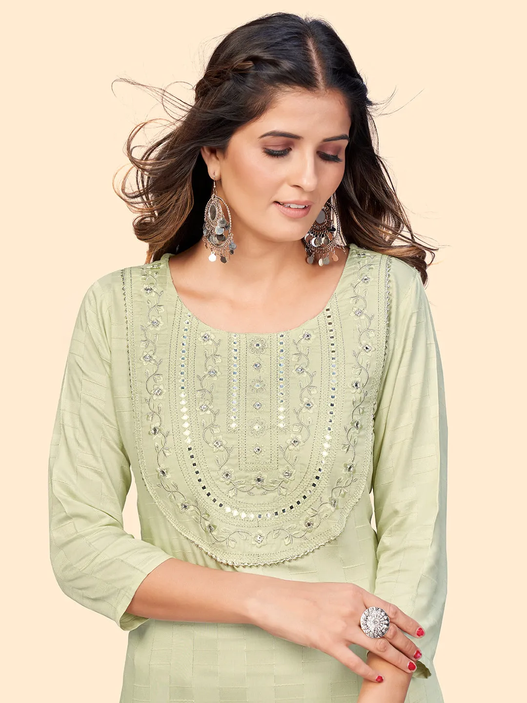 Women'S Embroidered & Mirror Straight Fancy Rayon Pista Stitched Kurta