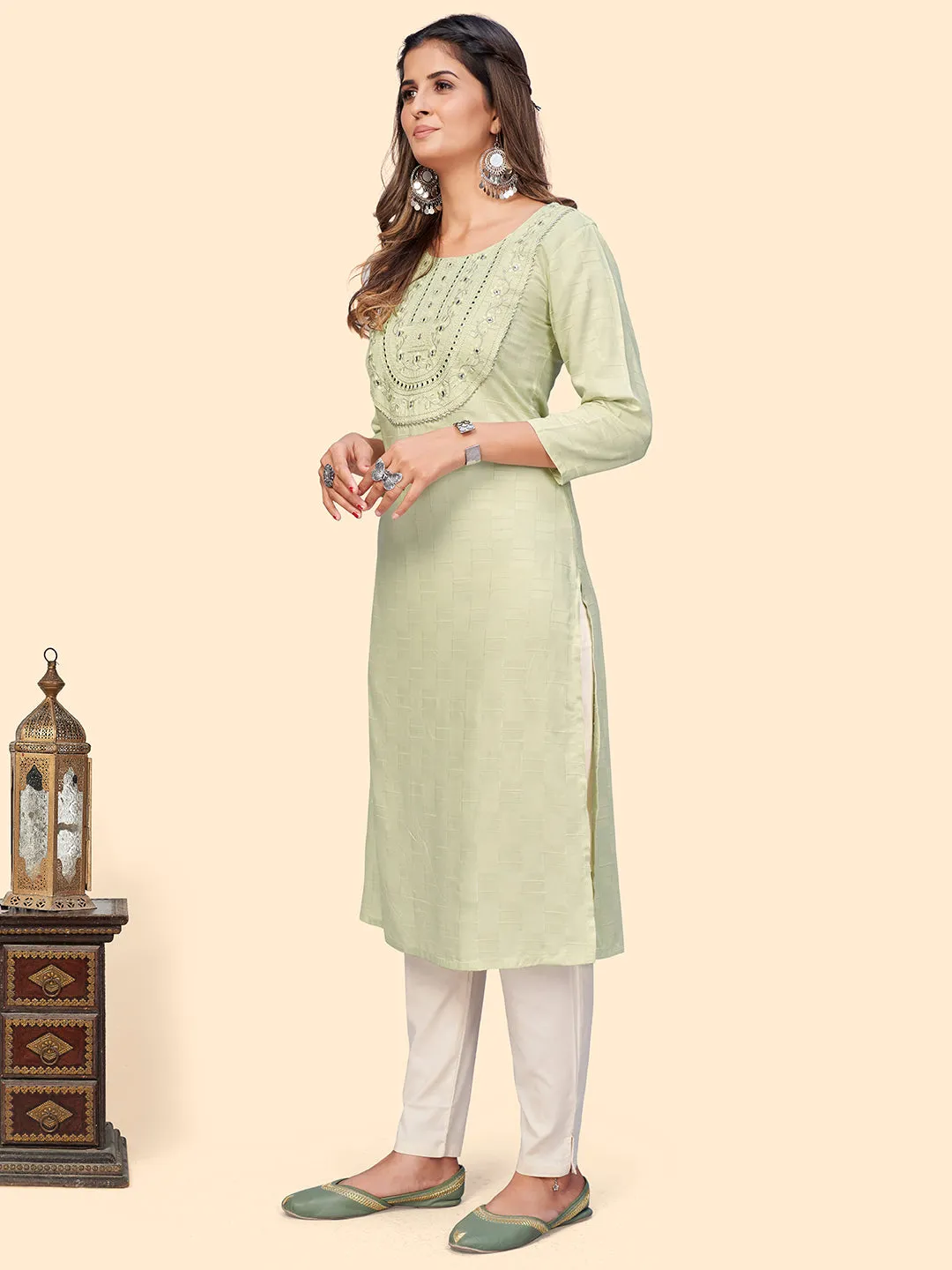 Women'S Embroidered & Mirror Straight Fancy Rayon Pista Stitched Kurta