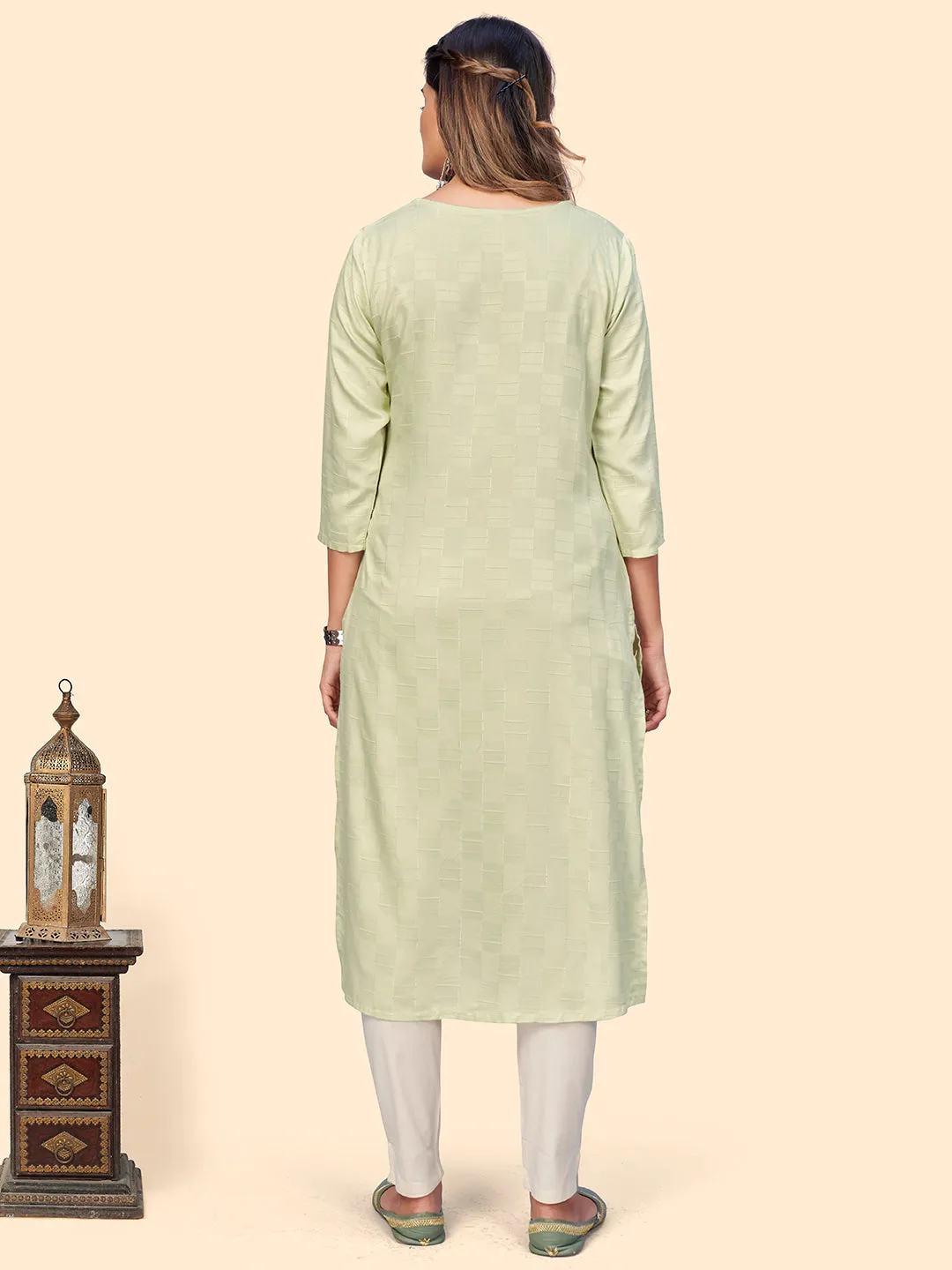 Women'S Embroidered & Mirror Straight Fancy Rayon Pista Stitched Kurta