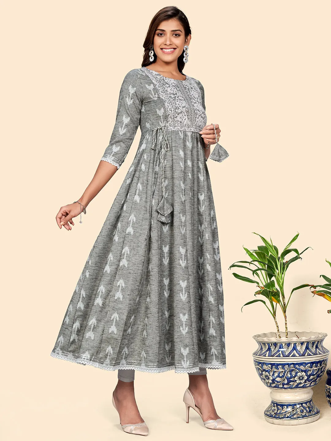 Women'S Embroidered Anarkali Cotton Blend Pista Stitched Dress