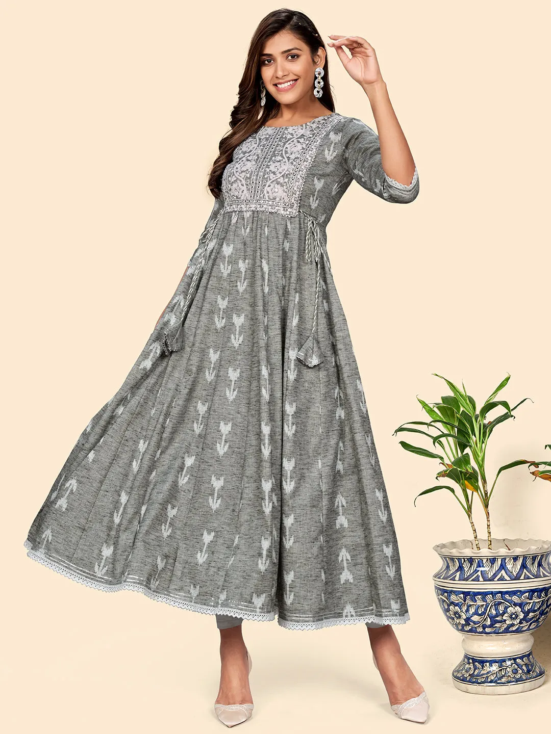 Women'S Embroidered Anarkali Cotton Blend Pista Stitched Dress