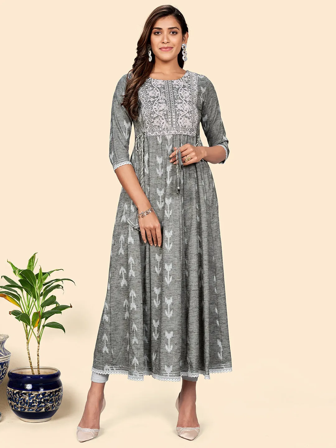 Women'S Embroidered Anarkali Cotton Blend Pista Stitched Dress