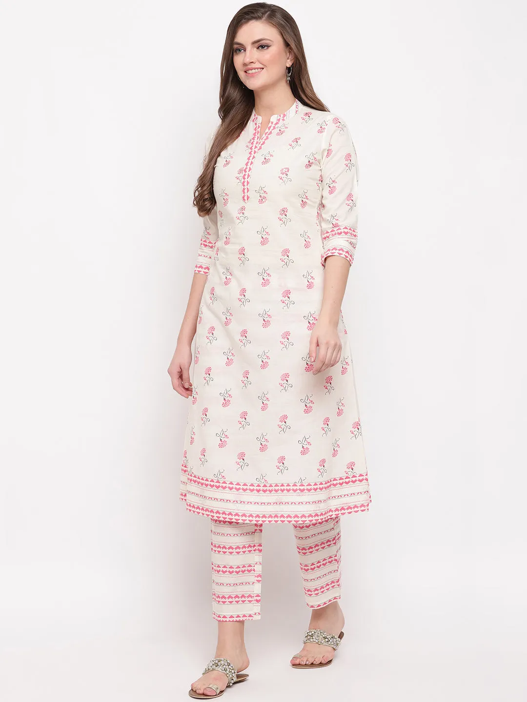 Women'S Floral Print & Embroidered A-Line Cotton White Kurti With Palazzo