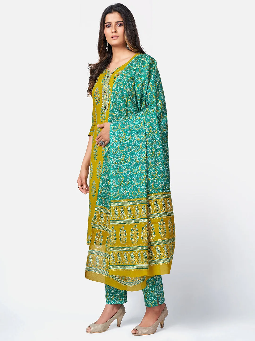 Women'S Floral Print & Sequence Work Straight Cotton Sea Green Kurta Pant With Dupatta