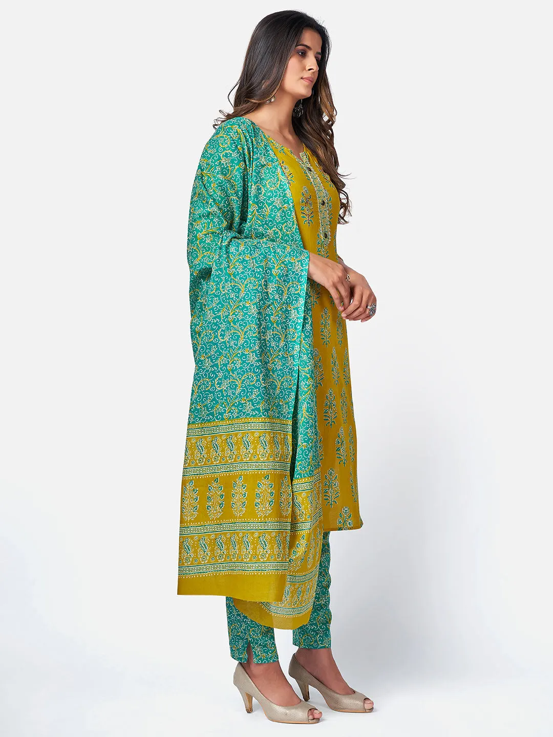 Women'S Floral Print & Sequence Work Straight Cotton Sea Green Kurta Pant With Dupatta