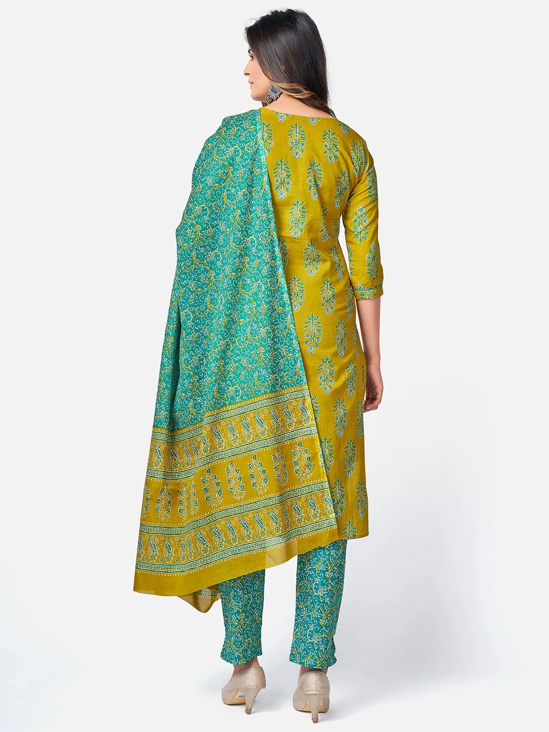 Women'S Floral Print & Sequence Work Straight Cotton Sea Green Kurta Pant With Dupatta