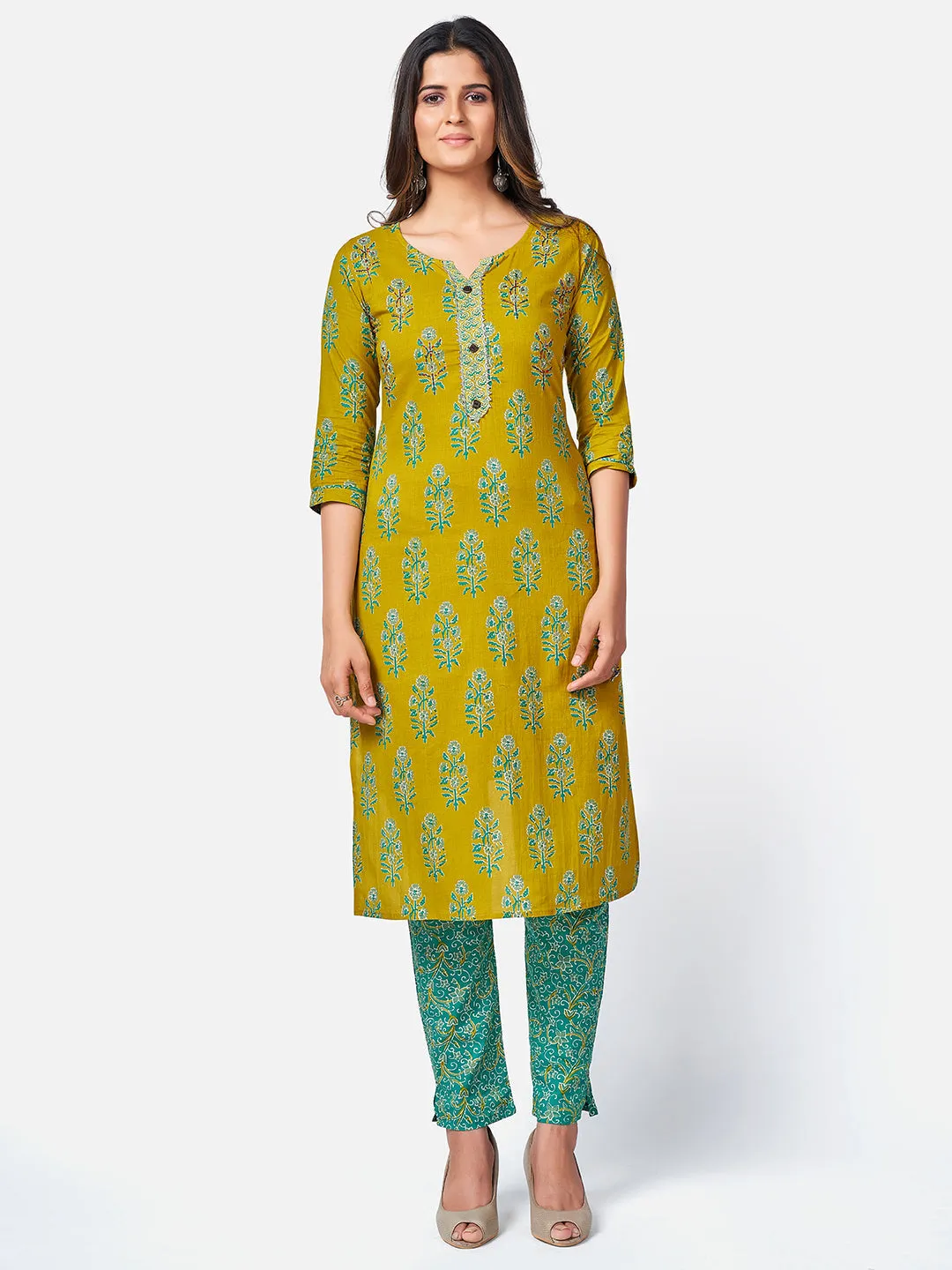 Women'S Floral Print & Sequence Work Straight Cotton Sea Green Kurta Pant With Dupatta