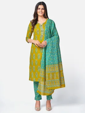 Women'S Floral Print & Sequence Work Straight Cotton Sea Green Kurta Pant With Dupatta