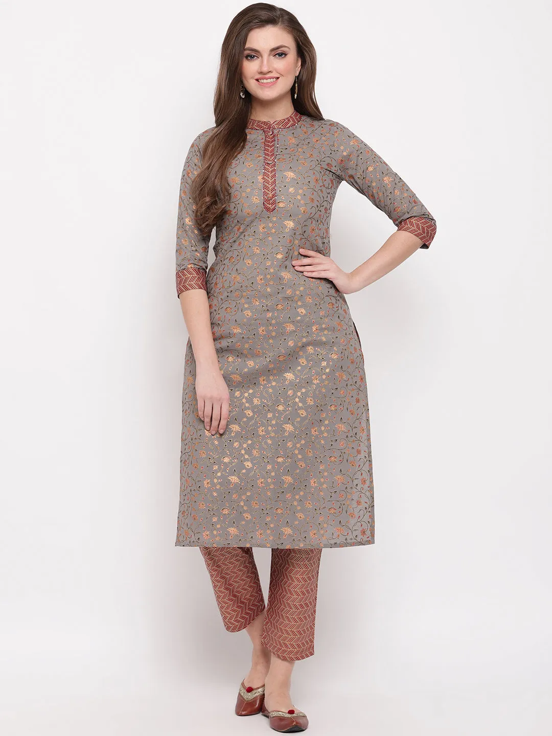 Women'S Foil Print & Hand Work Straight Cotton Grey Kurti With Palazzo