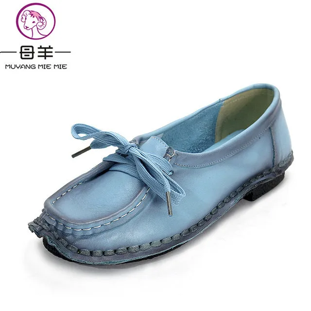 Women's Handmade Shoes Genuine Leather Flat Lacing Mother Shoes Woman Loafers Soft Single Casual Shoes Women Flats