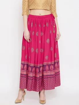 Women'S Magenta Flared Printed Maxi Skirt