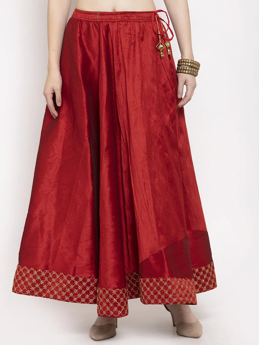 Women'S Maroon Flared Embellished Skirt