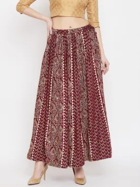 Women'S Maroon Printed Rayon Maxi Skirt