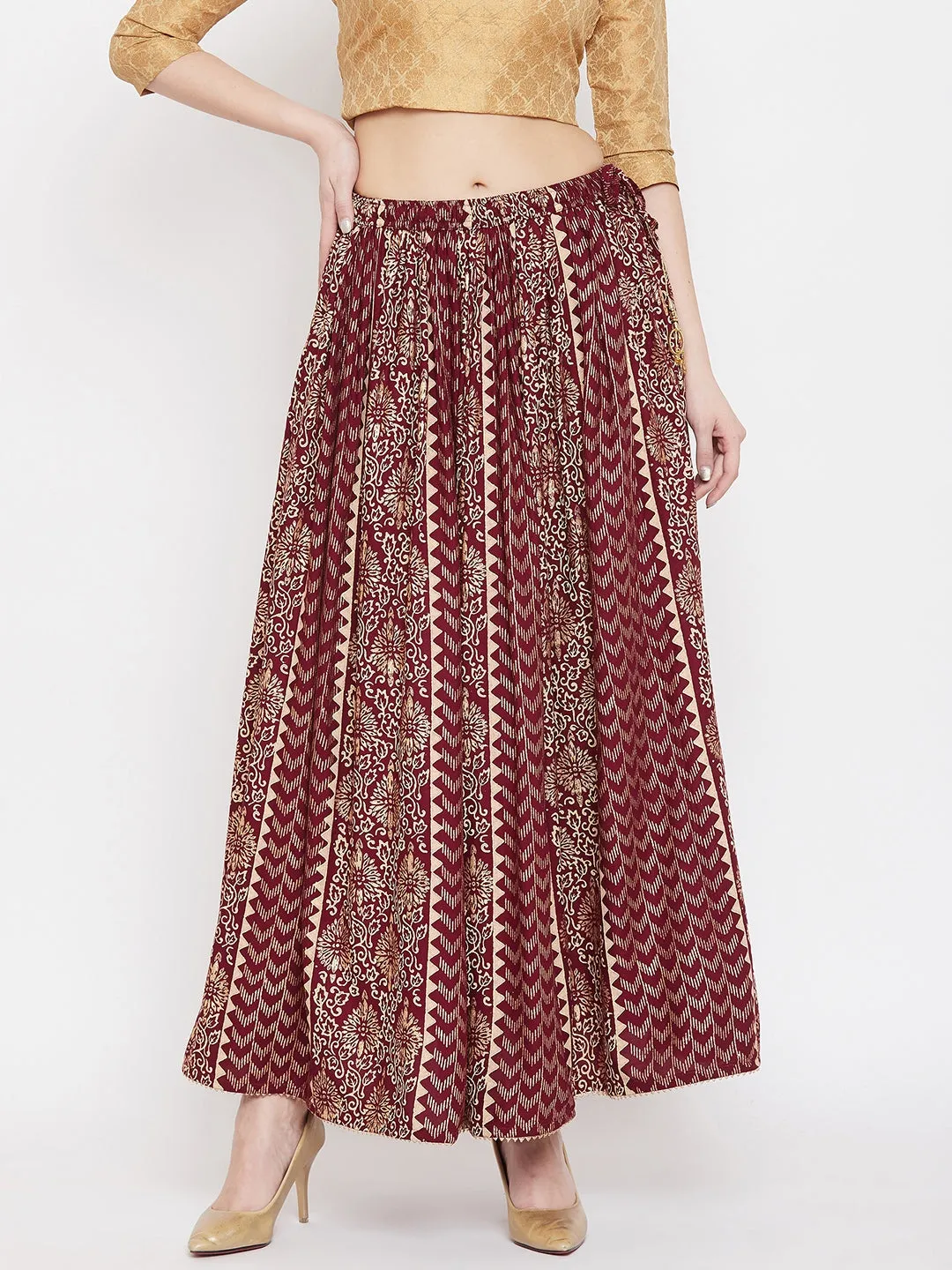 Women'S Maroon Printed Rayon Maxi Skirt