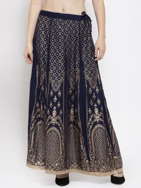 Women'S Navy Blue Flared Rayon Maxi Skirt