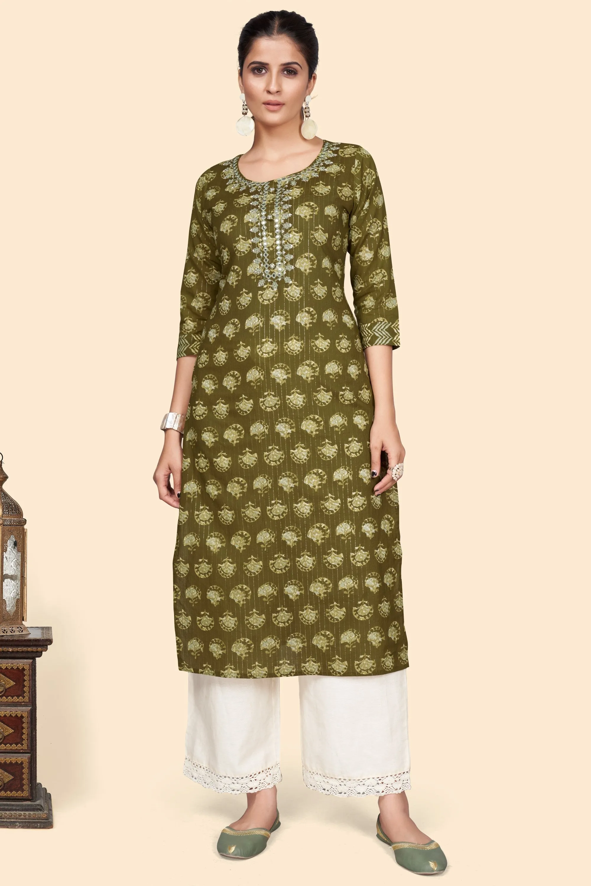 Women'S Print & Embroidered Straight Cotton Mahendi Green Stitched Kurta