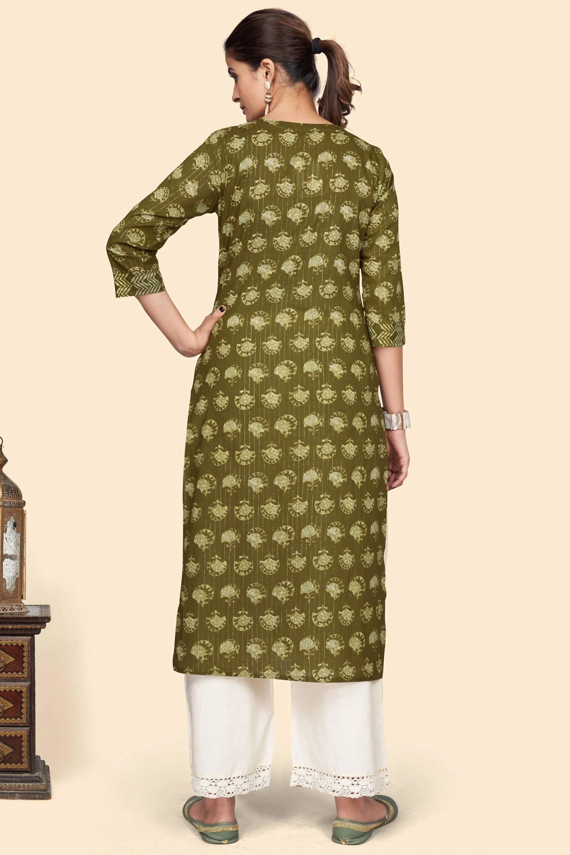 Women'S Print & Embroidered Straight Cotton Mahendi Green Stitched Kurta