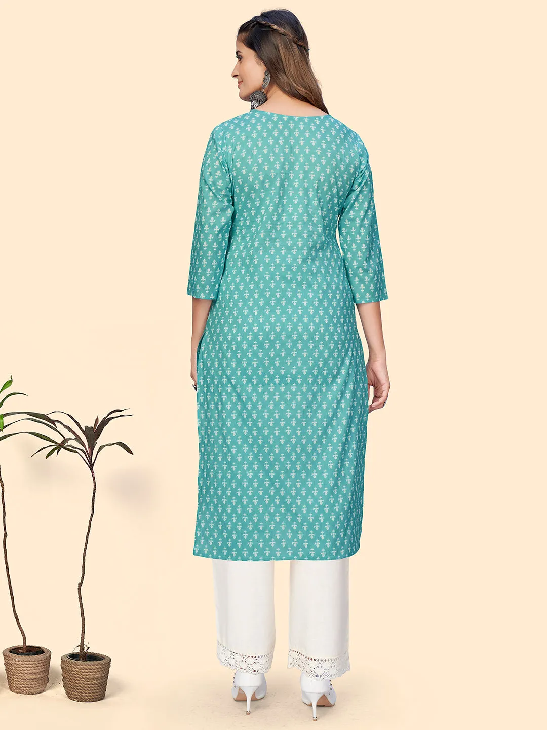 Women'S Print & Embroidered Straight Cotton Turquoise Stitched Kurta