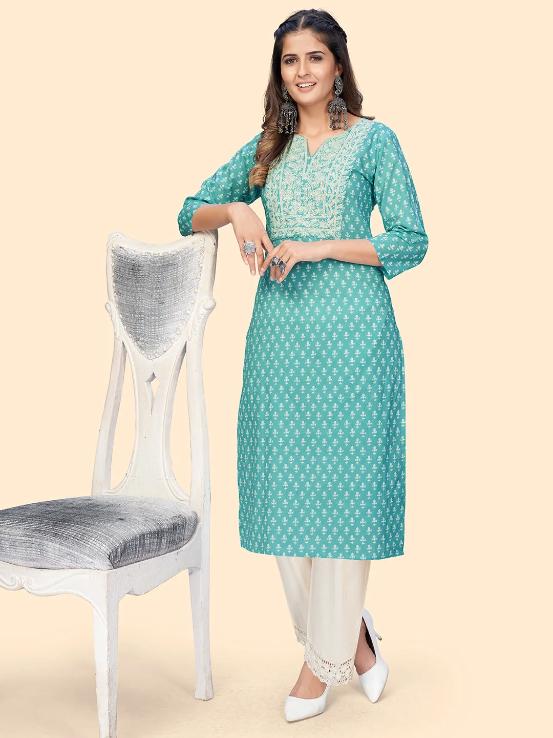 Women'S Print & Embroidered Straight Cotton Turquoise Stitched Kurta