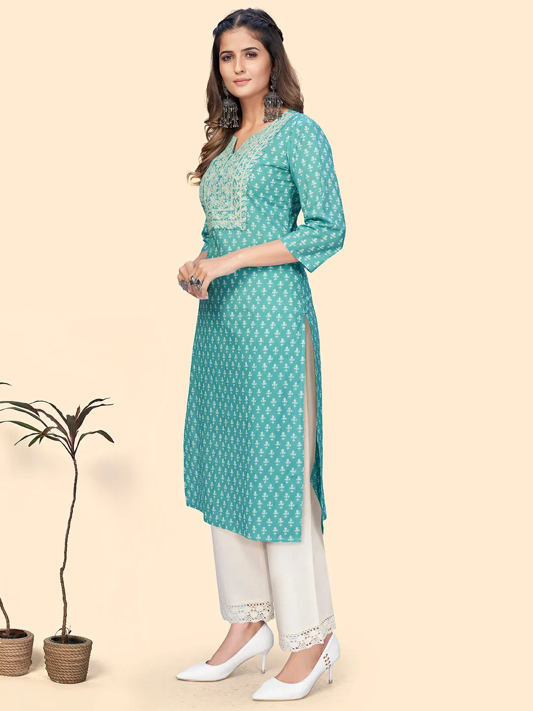 Women'S Print & Embroidered Straight Cotton Turquoise Stitched Kurta