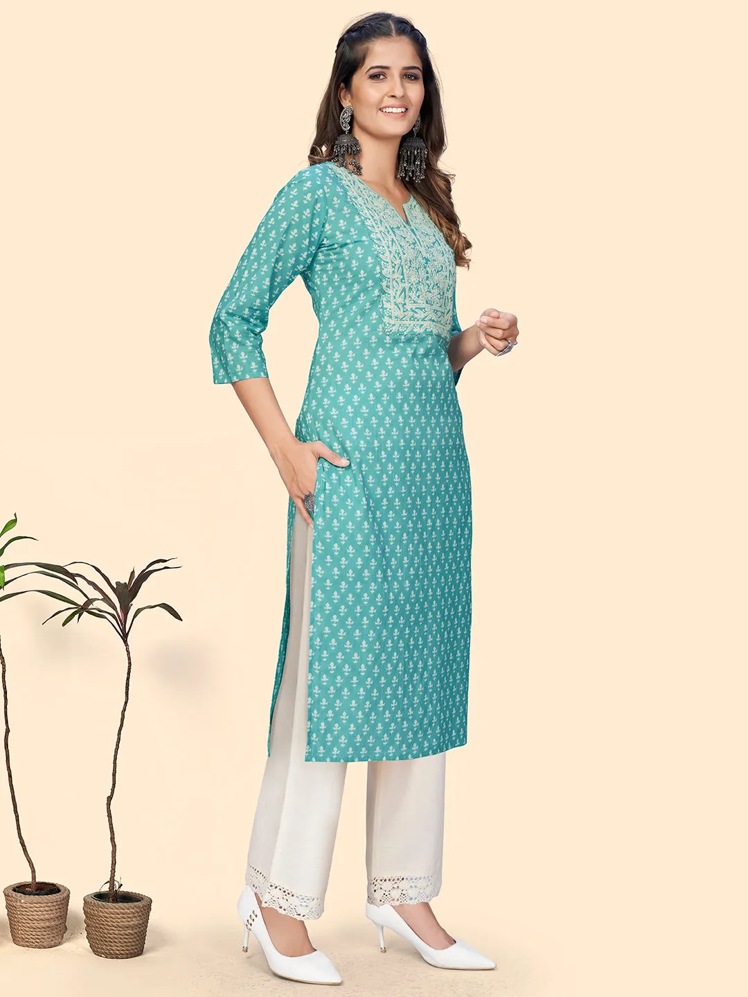 Women'S Print & Embroidered Straight Cotton Turquoise Stitched Kurta