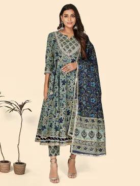 Women'S Print & Sequience Anarkali Cotton Blue Stitched Kurta Pant With Dupatta