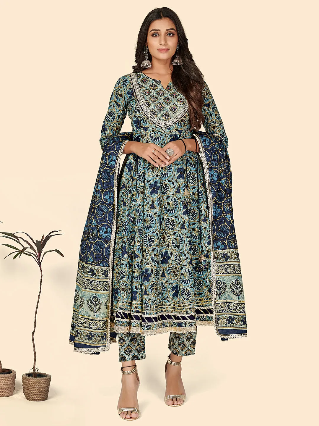 Women'S Print & Sequience Anarkali Cotton Blue Stitched Kurta Pant With Dupatta