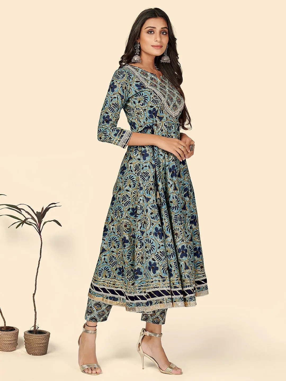 Women'S Print & Sequience Anarkali Cotton Blue Stitched Kurta Pant With Dupatta