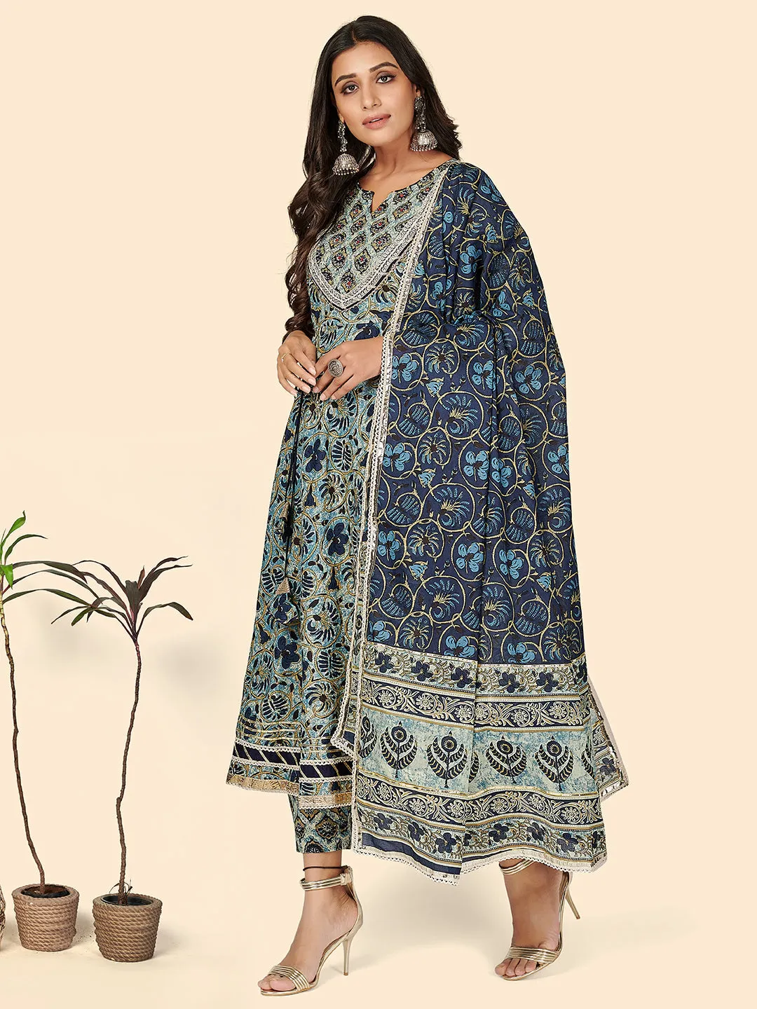 Women'S Print & Sequience Anarkali Cotton Blue Stitched Kurta Pant With Dupatta