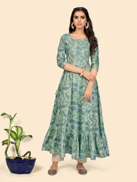 Women'S Print & Sequience Anarkali Cotton Turquoise Stitched Kurta