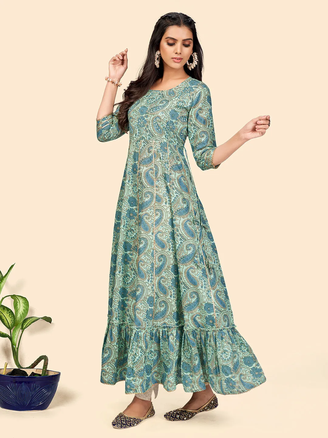 Women'S Print & Sequience Anarkali Cotton Turquoise Stitched Kurta