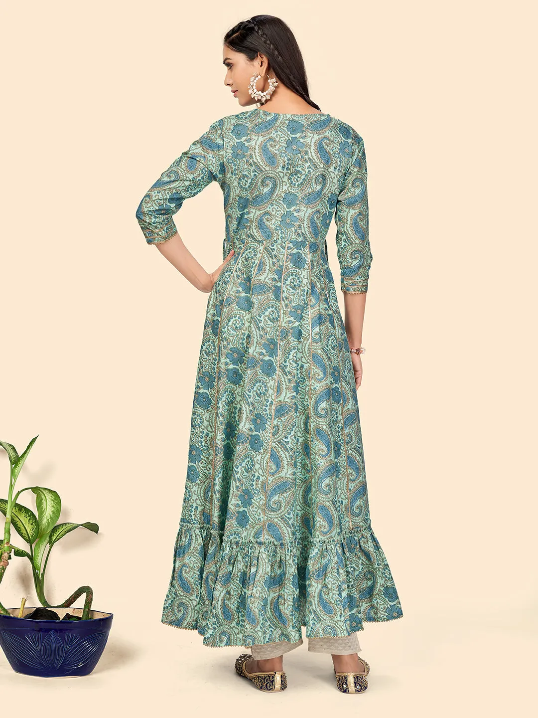 Women'S Print & Sequience Anarkali Cotton Turquoise Stitched Kurta