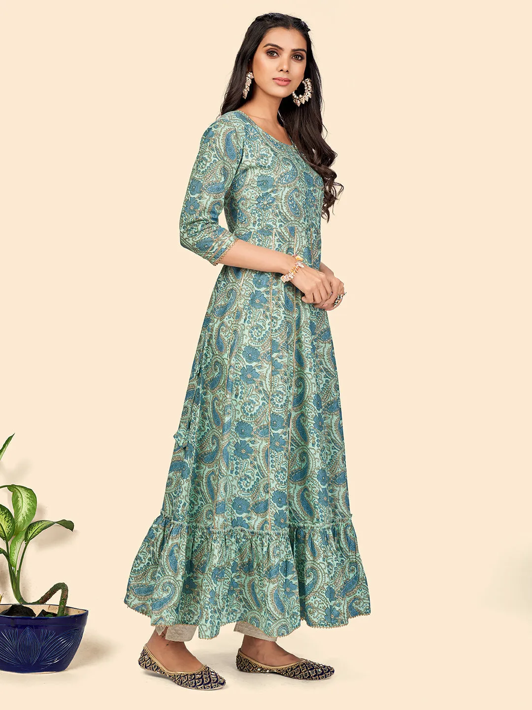 Women'S Print & Sequience Anarkali Cotton Turquoise Stitched Kurta