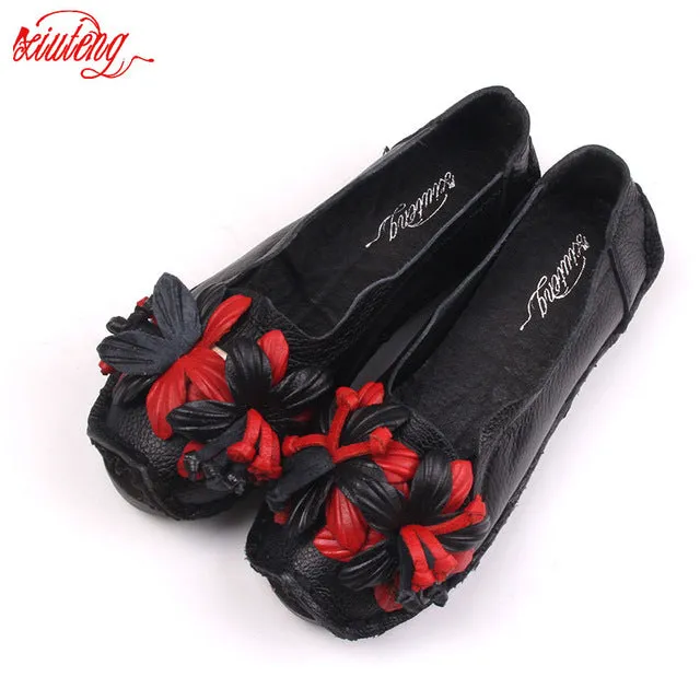 Xiuteng New National Wind Flowers Handmade Genuine Leather Shoes Women Retro Soft Bottom Flat Shoes Summer Canvas Ballet Flats