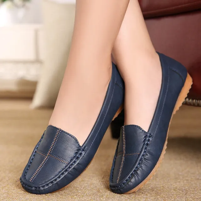 ZZPOHE leather shoes middle-aged mother shoes Women Slip on Casual shallow mouth flat Shoes soft bottom new work shoes Plus Size